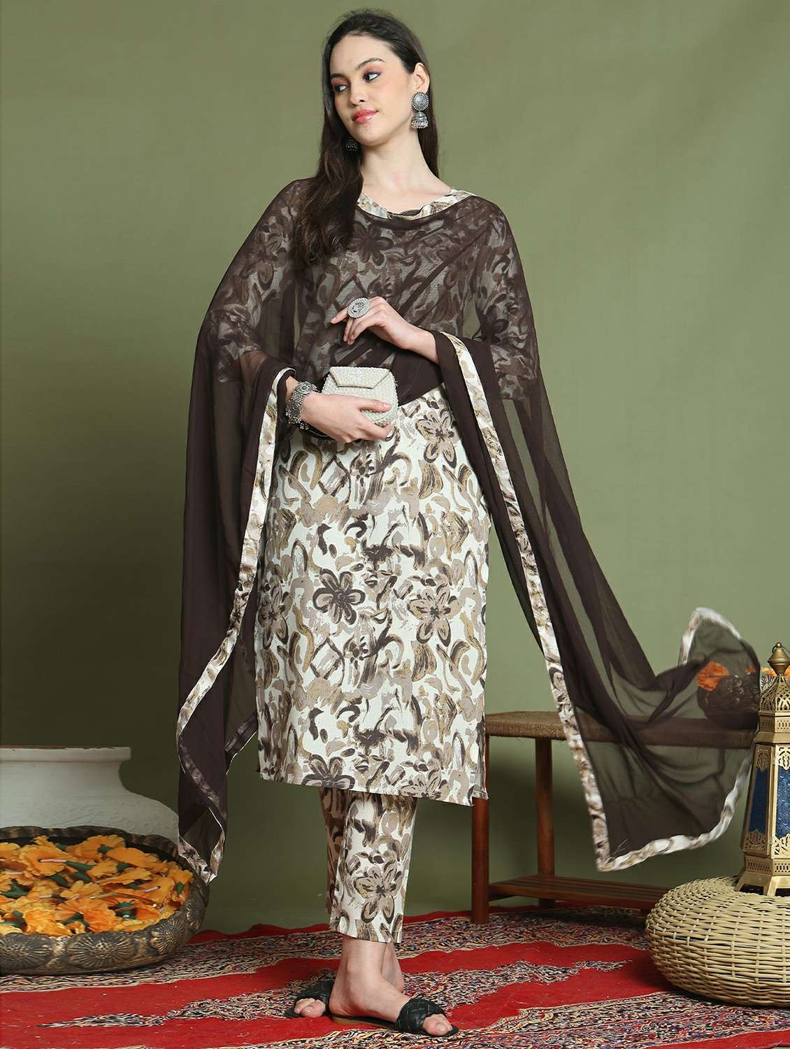 women three quarter sleeve kurta pant with dupatta set