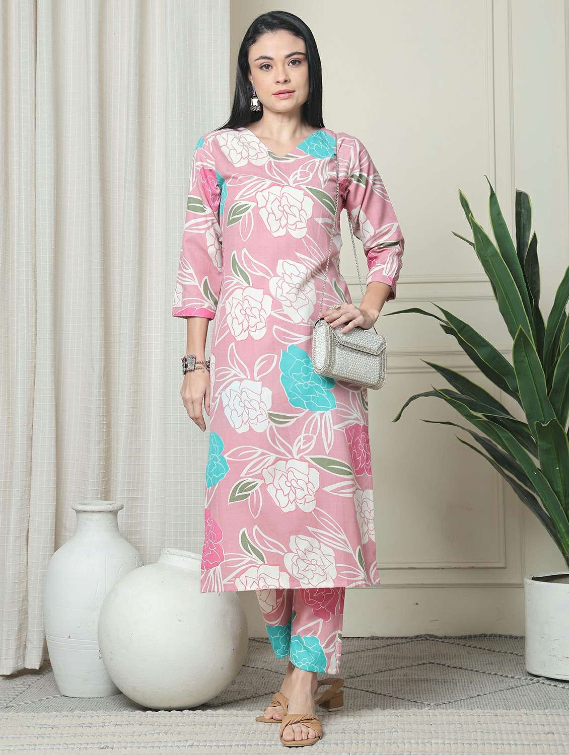 women pink three quarter sleeve kurta pant set