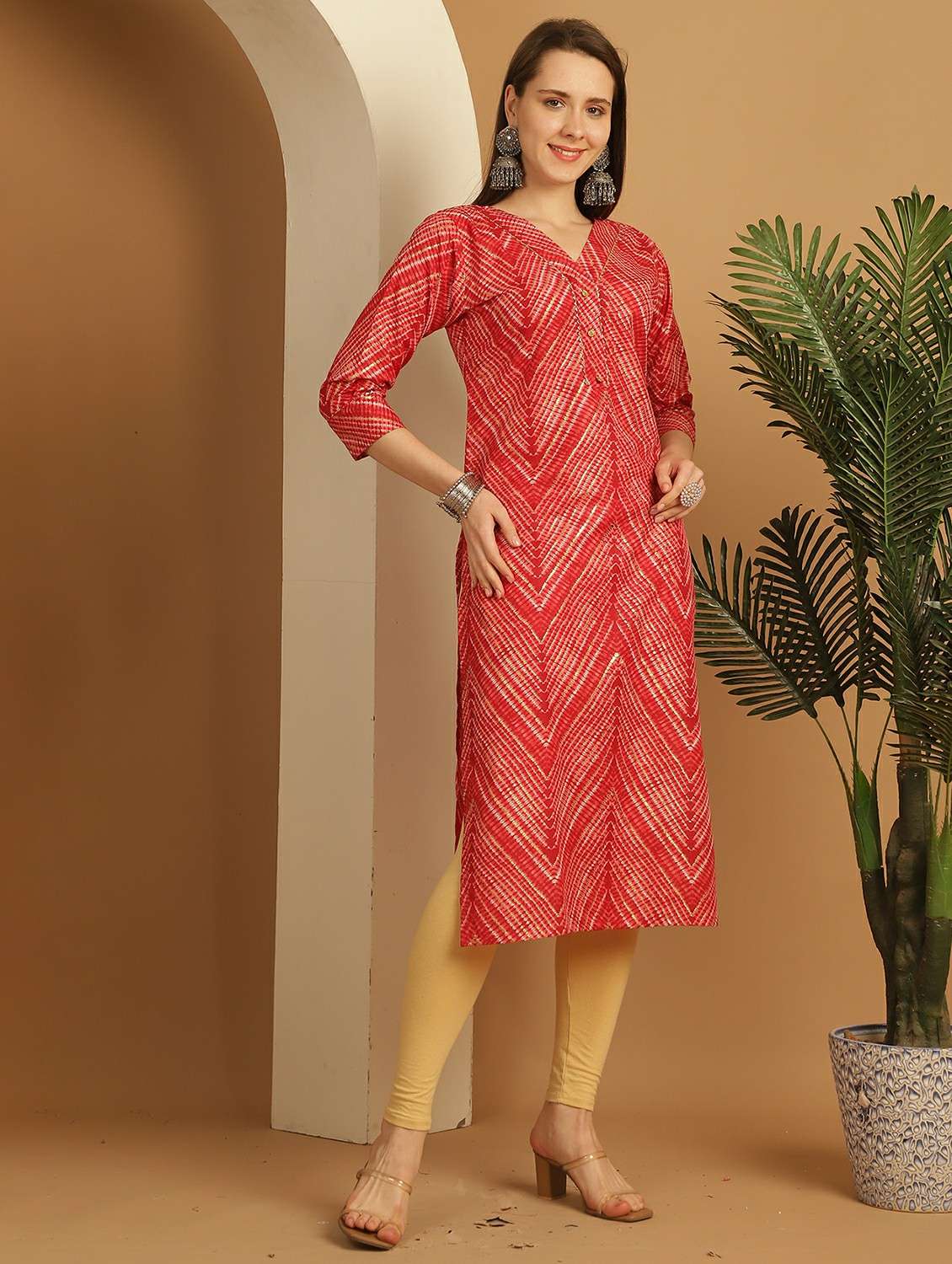 women printed three quarter sleeve straight kurta