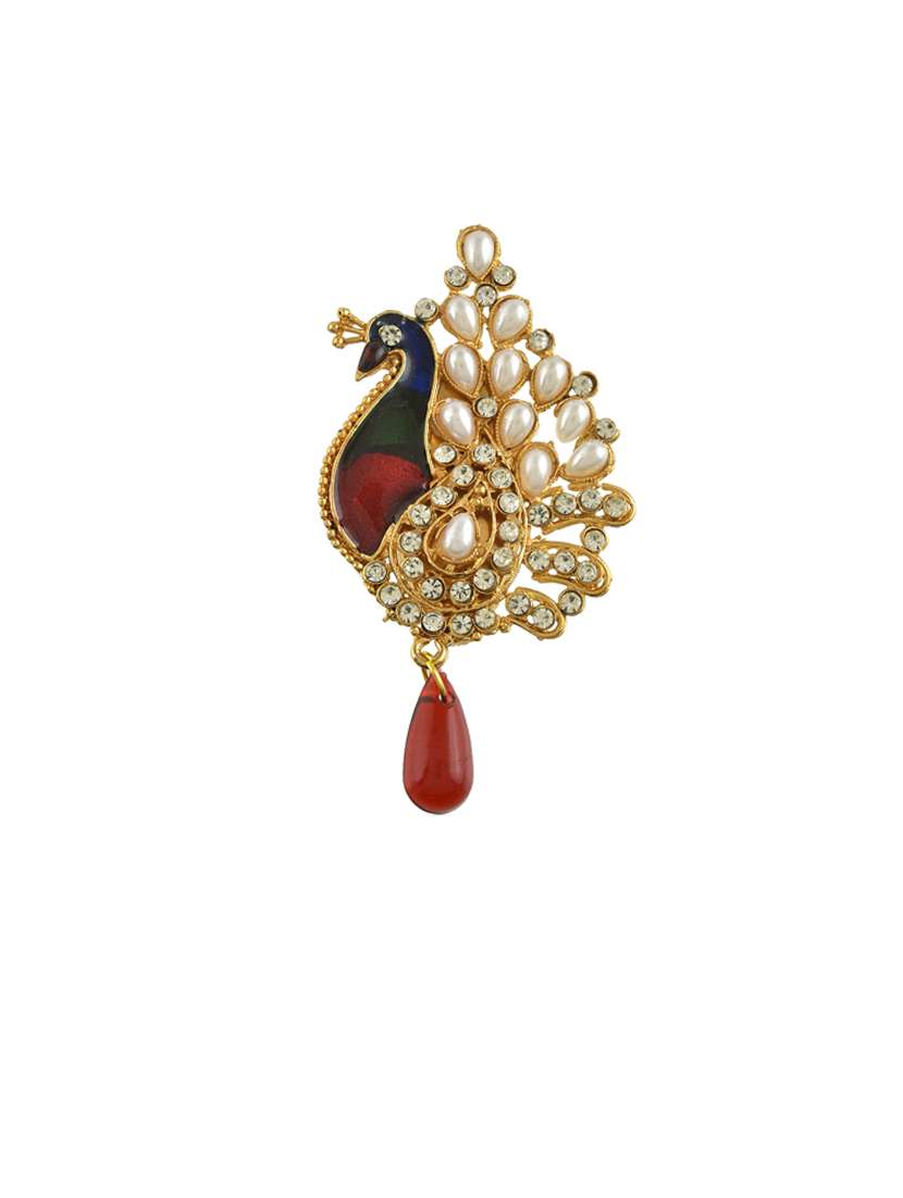 women brass gold pearls meenakari peacock shape brooch