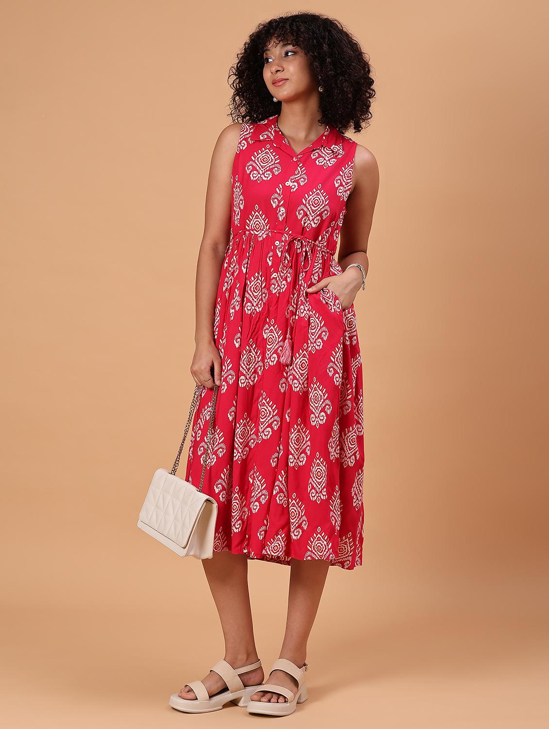women pink printed sleeveess fit & flare ethnic dress - 21744147 - Zoom Image - 0