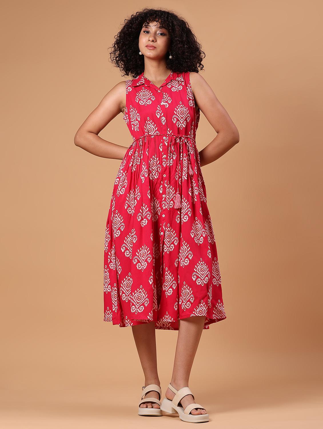 women pink printed sleeveess fit & flare ethnic dress - 21744147 - Standard Image - 1