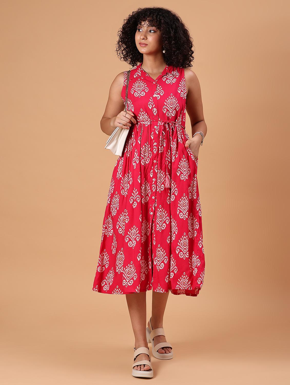 women pink printed sleeveess fit & flare ethnic dress - 21744147 - Standard Image - 6