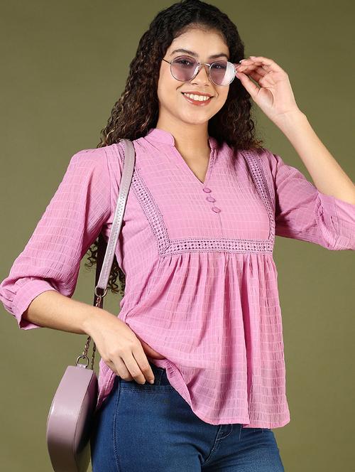 women solid lace dtailed puff sleeve top - 21744150 -  Standard Image - 0