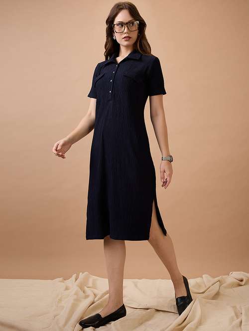 globus women navy blue self design shirt collar pocket detail midi sheath workwear dress