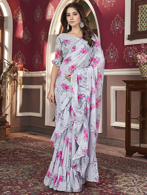 women grey floral printed ruffle saree with blouse - 21745535 - Standard Image - 0
