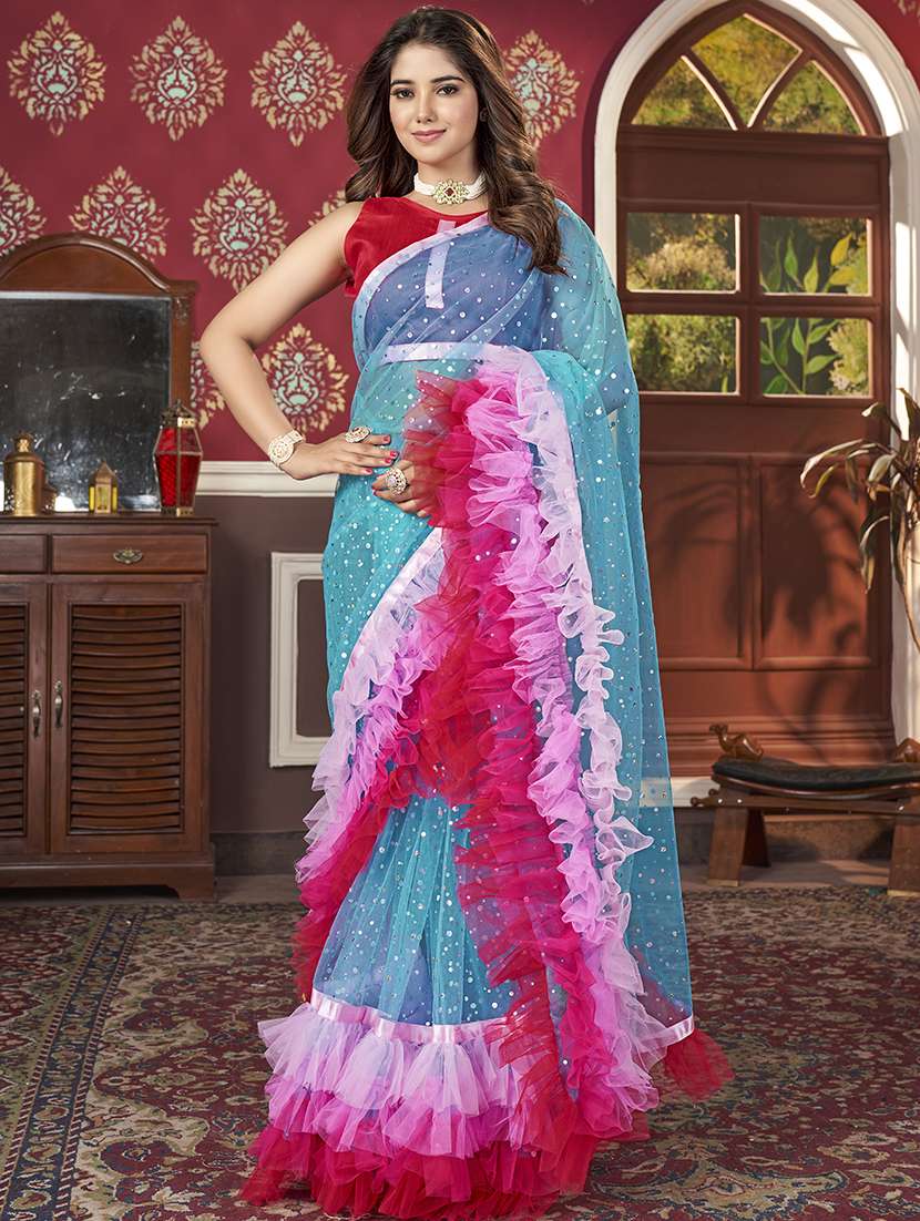 women light blue embellished ruffle saree with blouse