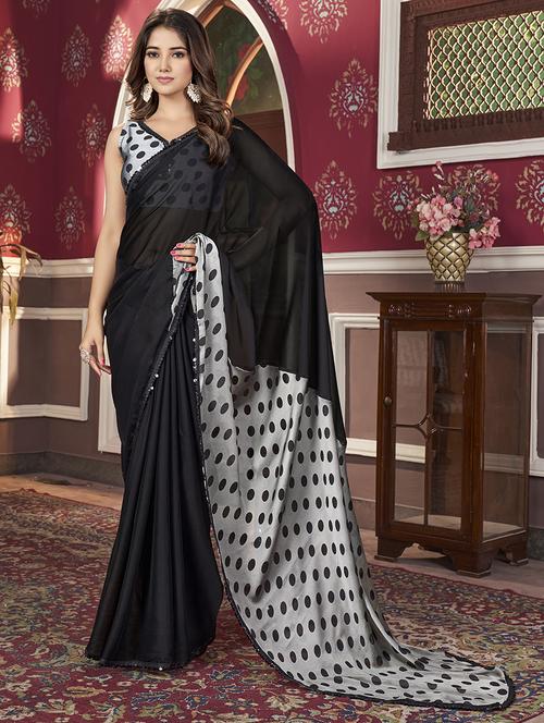 women black solid half and half lace work saree with blouse - 21745548 - Standard Image - 0