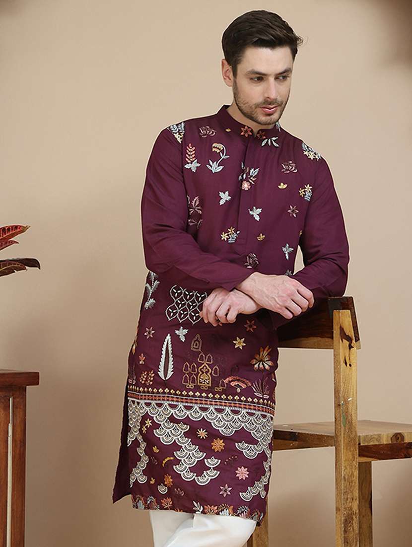 men embroidered mandarin neck long kurta