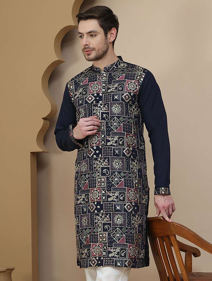 men embroidered mandarin neck long kurta