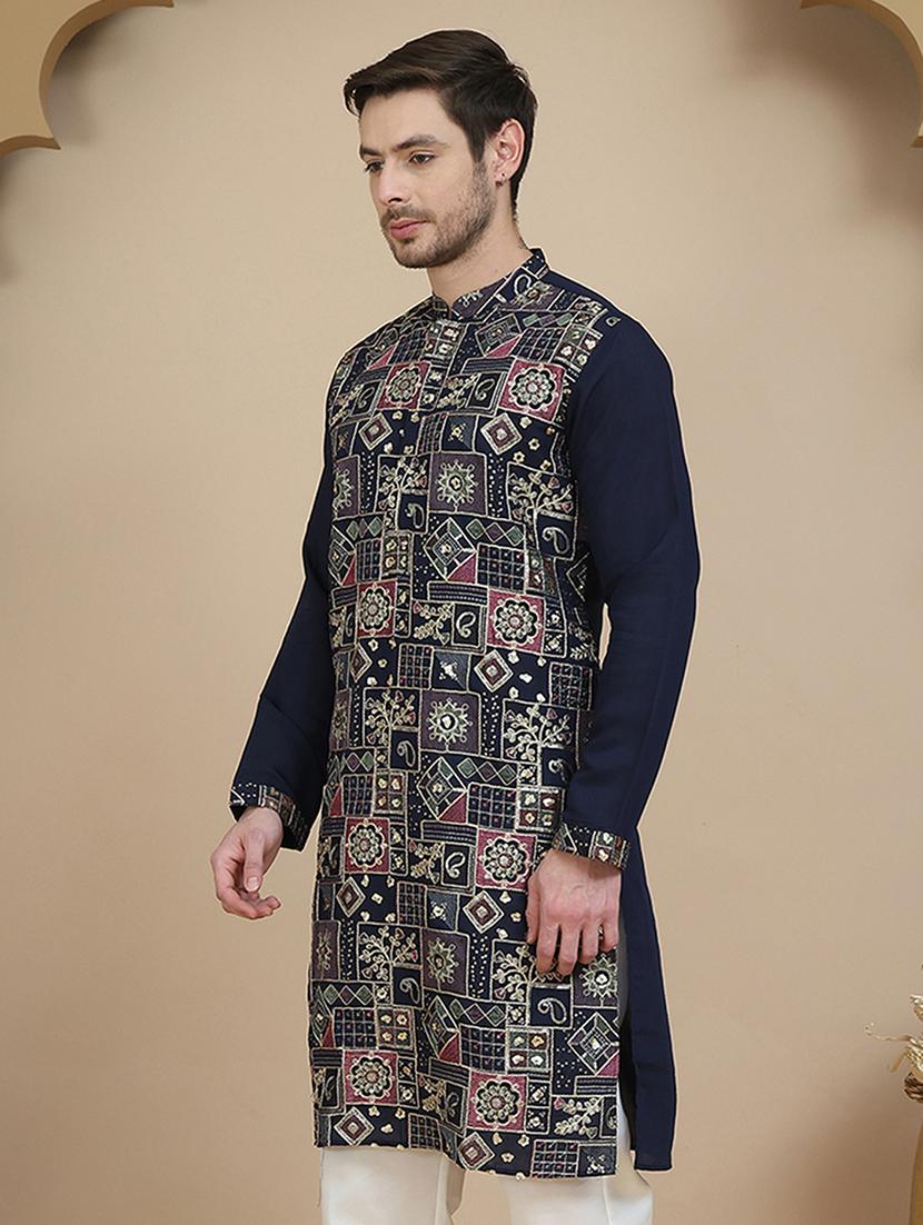 men embroidered mandarin neck long kurta - 21745617 - Standard Image - 1