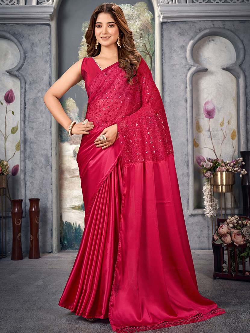 women pink embroidered saree with blouse