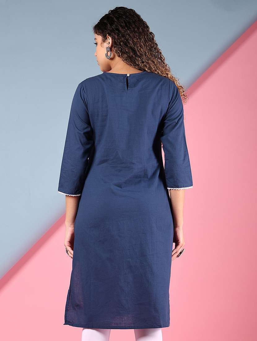 Women Blue Embroidered V Neck Straight Kurta