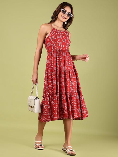 women red printed shoulder strap tiered ethnic dress - 21746191 - Standard Image - 0