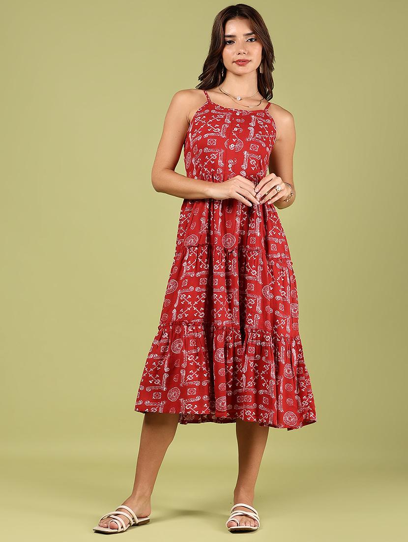 women red printed shoulder strap tiered ethnic dress - 21746191 -  Standard Image - 1