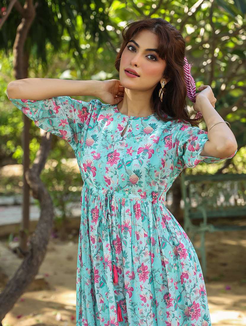 Turquoise Georgette Tiered  Dress