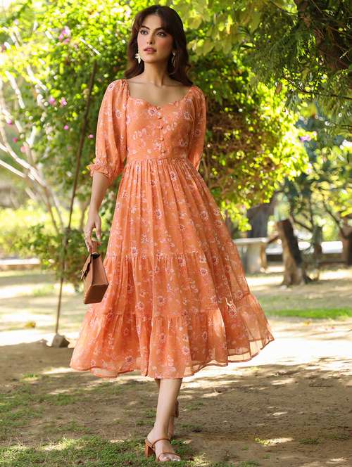 orange georgette tiered  dress - 21746652 -  Standard Image - 0