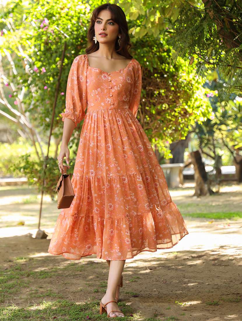 orange georgette tiered  dress - 21746652 -  Zoom Image - 0