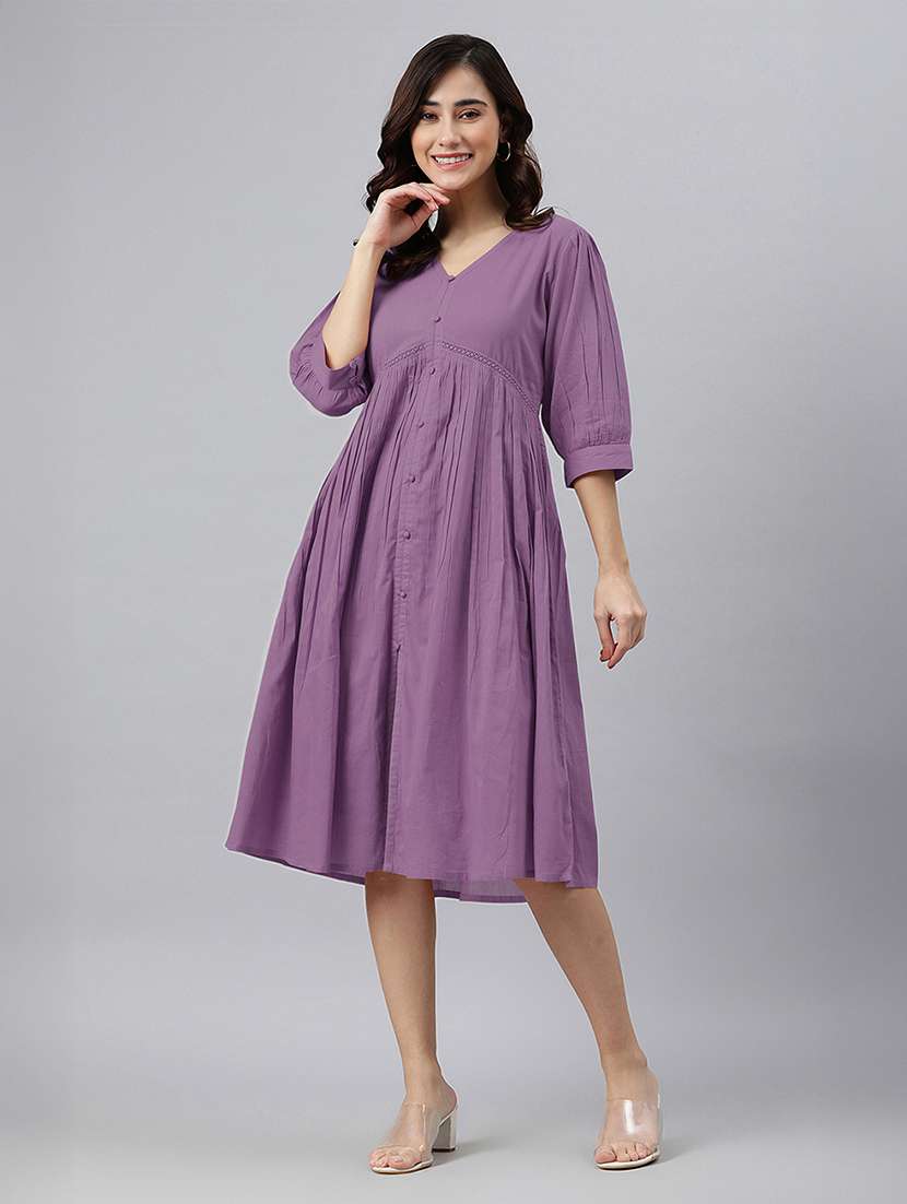 women solid puff sleeves a-line dress