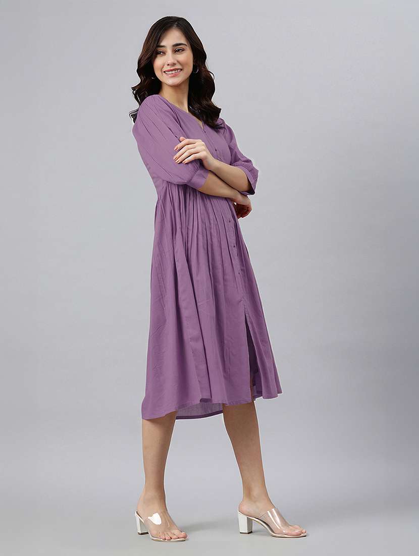 women solid puff sleeves a-line dress - 21746685 -  Standard Image - 1