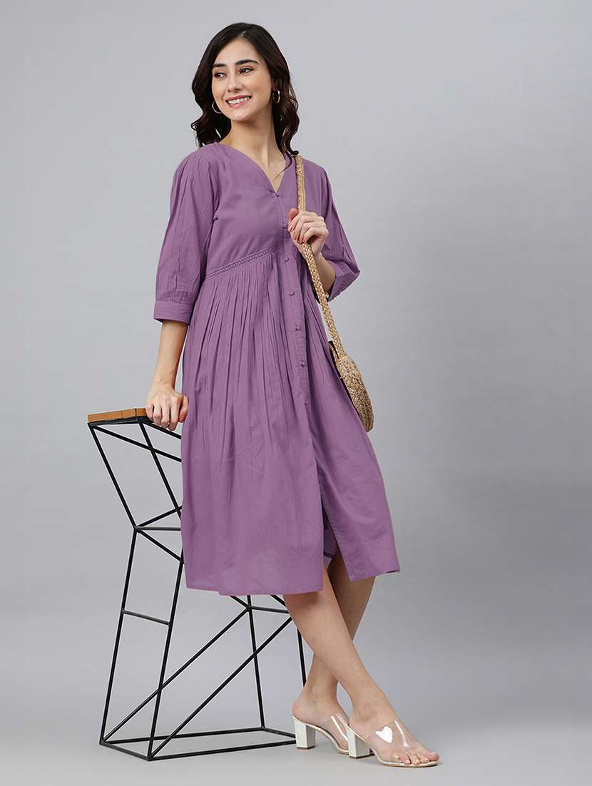 women solid puff sleeves a-line dress - 21746685 - Standard Image - 4
