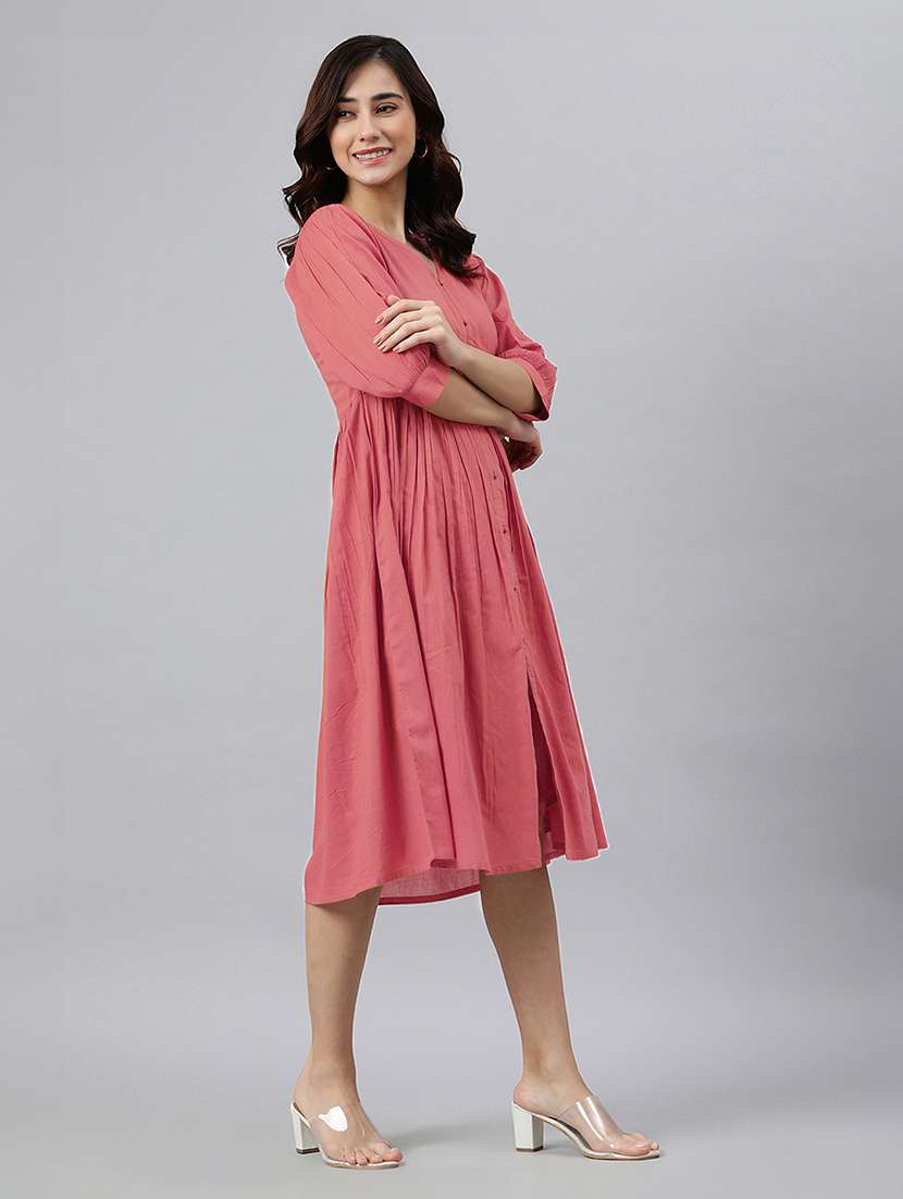 women solid puff sleeves a-line dress - 21746686 -  Standard Image - 1