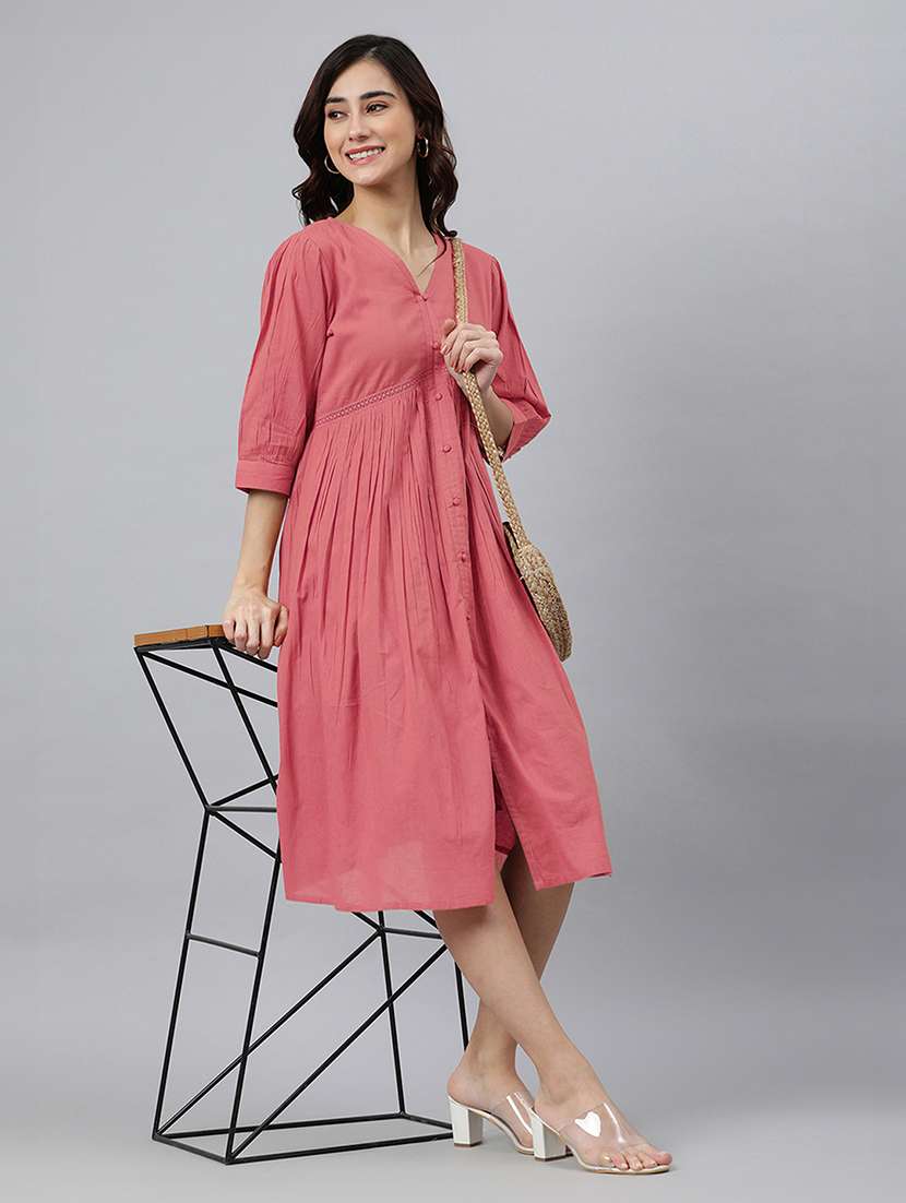 women solid puff sleeves a-line dress - 21746686 -  Standard Image - 4