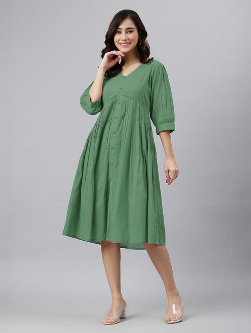 women solid puff sleeves a-line dress - 21746687 - Standard Image - 0