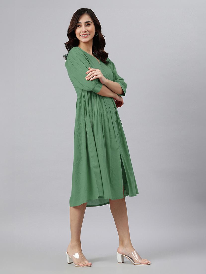 women solid puff sleeves a-line dress - 21746687 - Standard Image - 1