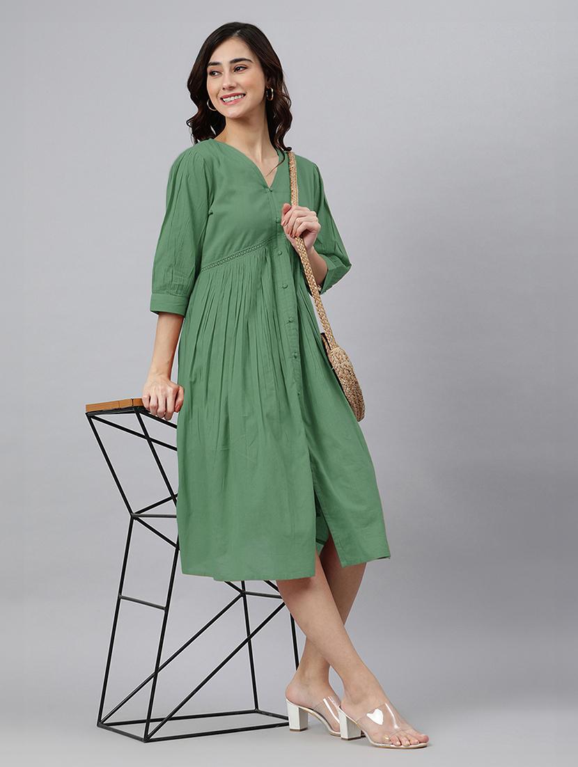 women solid puff sleeves a-line dress - 21746687 - Standard Image - 4