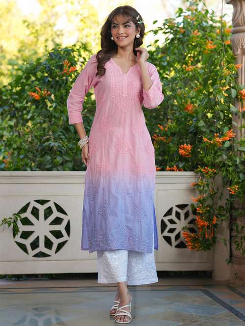 women notch neck chikankari straight kurta - 21746698 -  Standard Image - 0