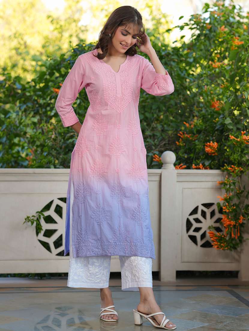women notch neck chikankari straight kurta - 21746698 -  Standard Image - 1