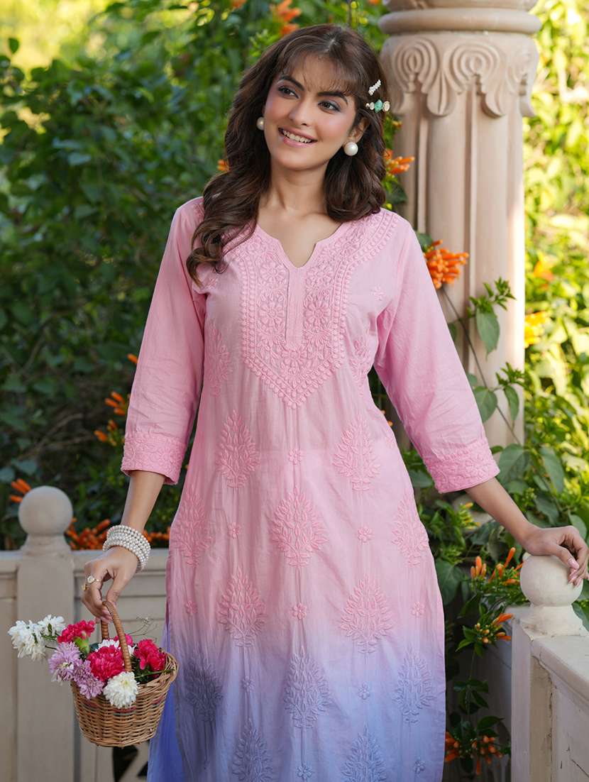women notch neck chikankari straight kurta - 21746698 - Standard Image - 4