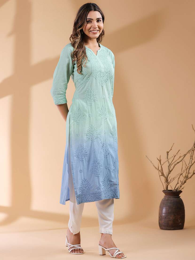 women notch neck chikankari straight kurta - 21746699 - Standard Image - 1