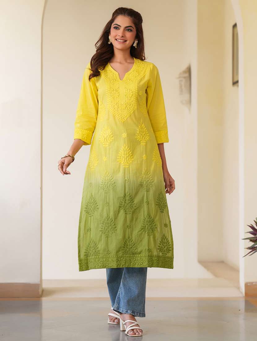 women notch neck chikankari straight kurta