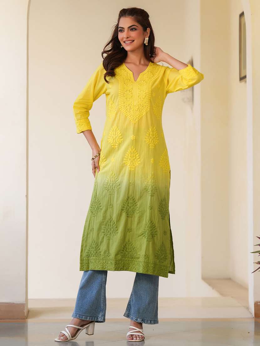women notch neck chikankari straight kurta - 21746700 - Standard Image - 1
