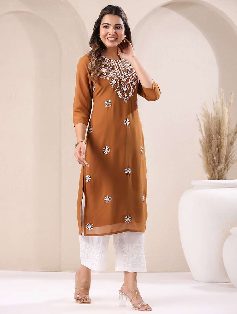 women round neck chikankari straight kurta - 21746701 -  Standard Image - 1