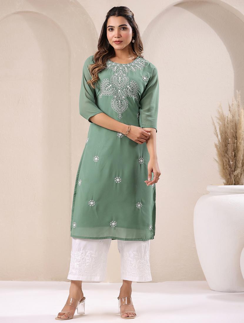 women embroidered round neck straight kurta - 21746702 - Standard Image - 1