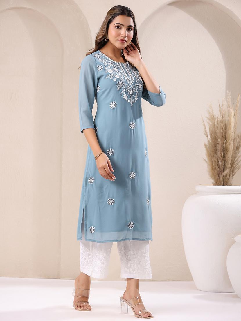 women round neck chikankari straight kurta - 21746703 - Standard Image - 1