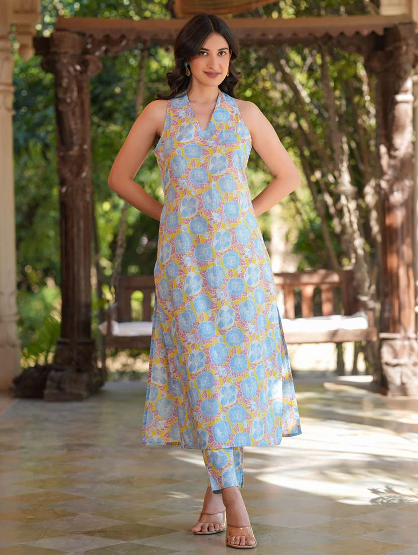 women v-neck printed kurta pant set - 21746721 -  Standard Image - 1