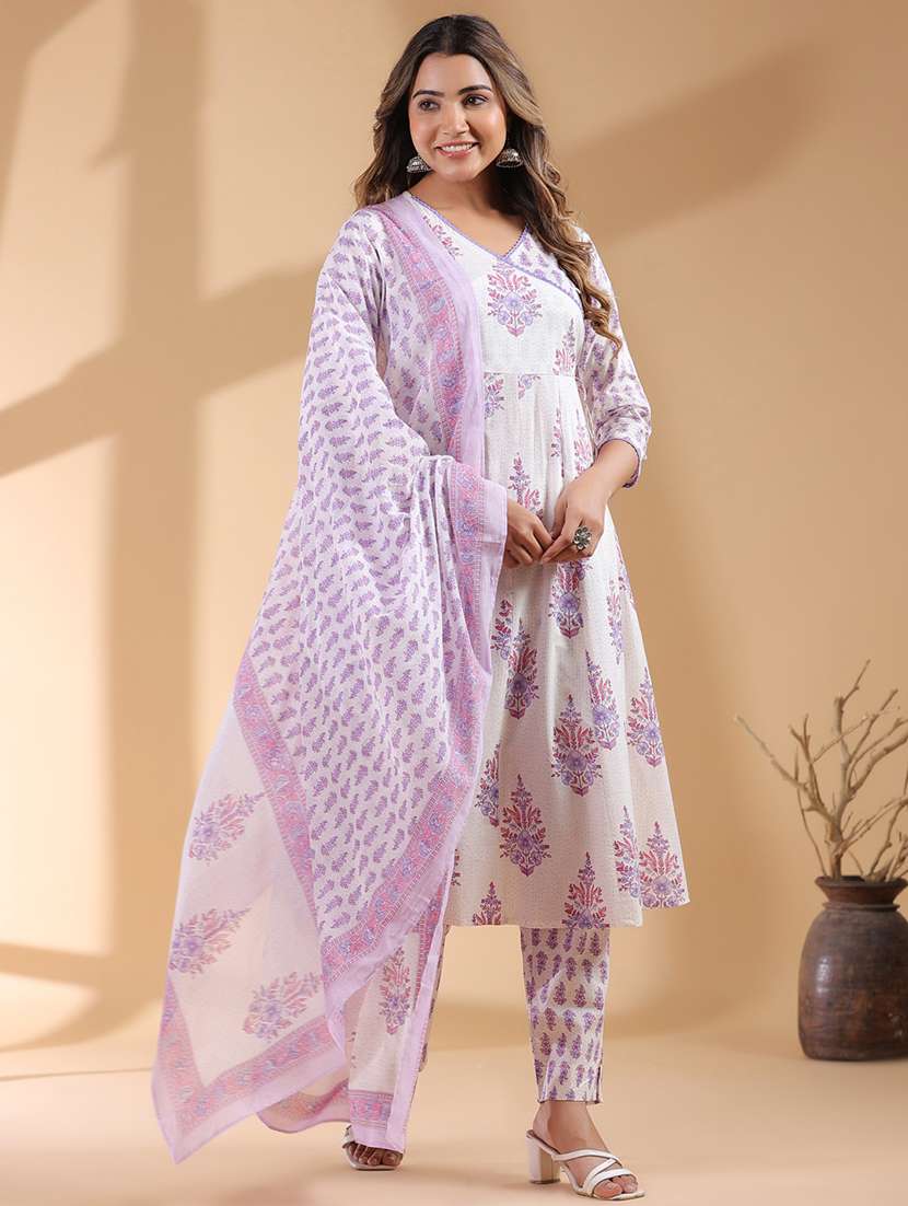 women v-neck printed kurta pant set with dupatta - 21746739 - Standard Image - 1