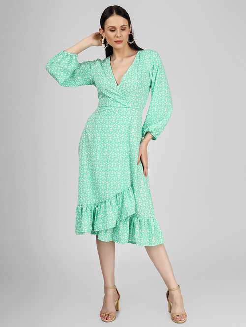 women printed puff sleeves wrap dress - 21746786 -  Standard Image - 0