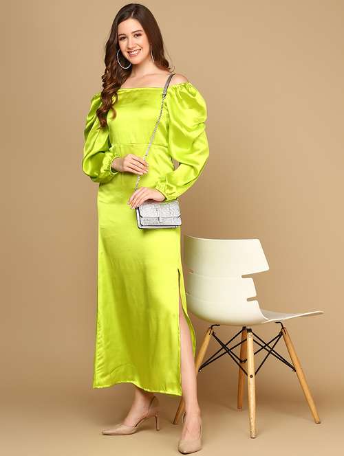 women solid off shoulder puff sleeves a-line dress - 21746804 -  Standard Image - 0
