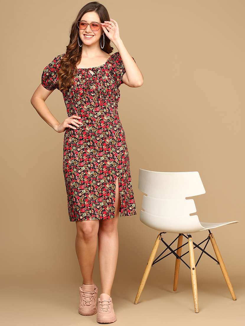 women printed puff sleeves sheath dress