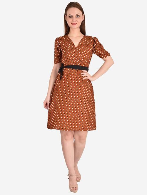 women brown printed short sleeve a-line dress - 21746830 - Standard Image - 0