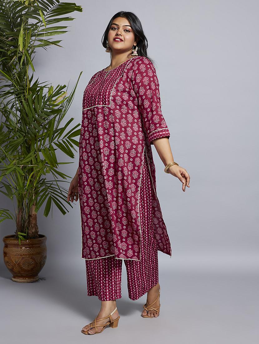 gloplus women pink keyhole neck floral printed gotta lace detail straight plus size kurta & pants workwear set - 21746844 - Standard Image - 1
