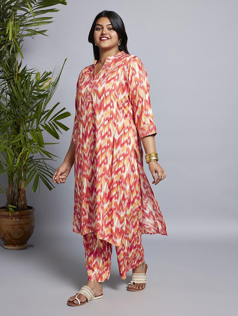gloplus women red mandarin neck chevron print zari detail straight plus size kurta & wide leg pants workwear set - 21746845 -  Standard Image - 1