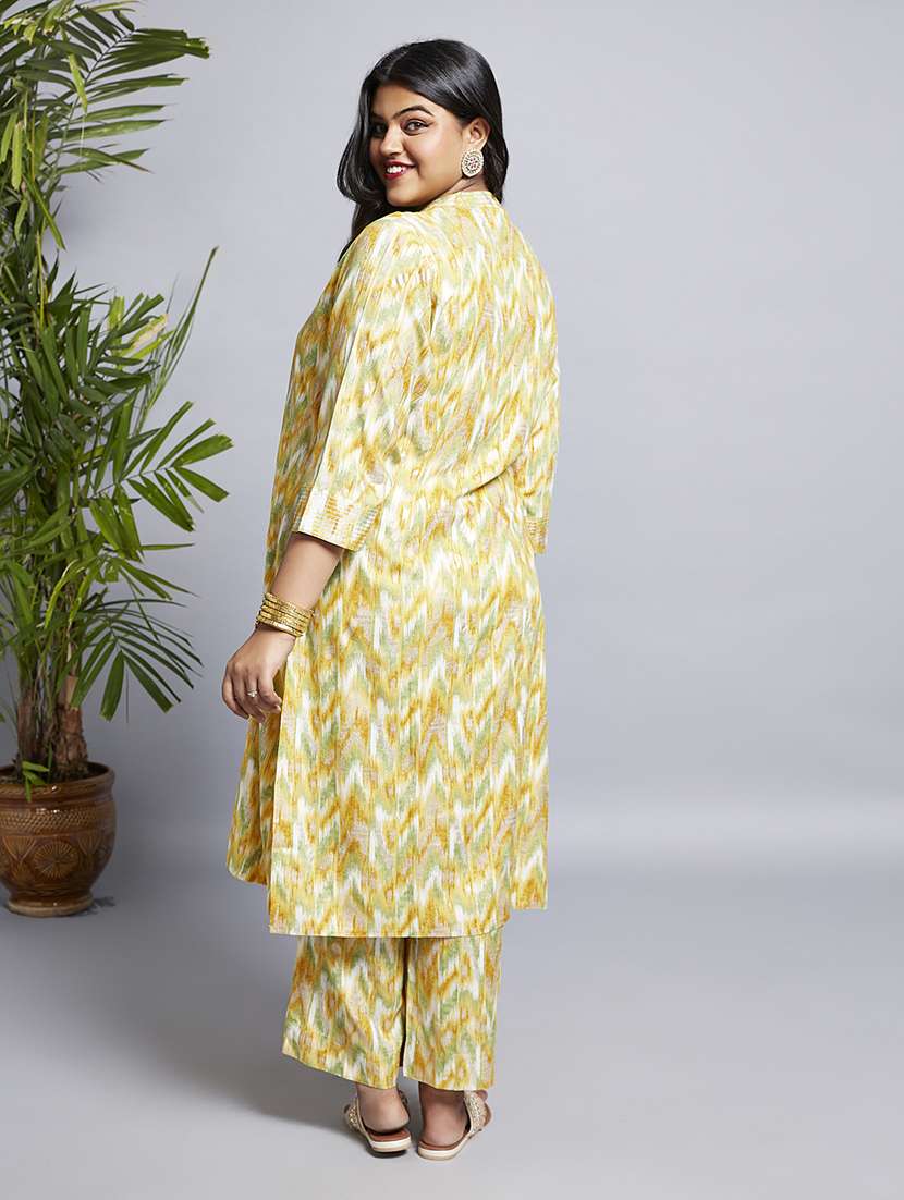 gloplus women yellow mandarin neck chevron print zari detail straight plus size kurta & wide leg pants workwear set - 21746846 -  Standard Image - 1