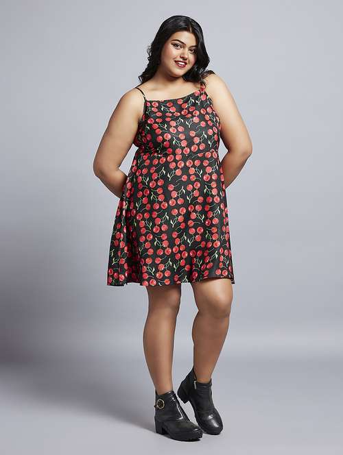 gloplus women red cherry print square neck strappy sleeves a-line mini plus size dress - 21746876 - Standard Image - 0