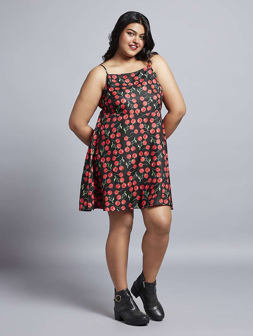 gloplus women red cherry print square neck strappy sleeves a-line mini plus size dress - 21746876 - Zoom Image - 0